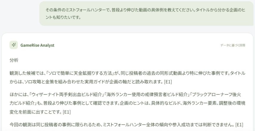 AIが天金鉱掘りや出血ビルド紹介などの具体的な動画と、タイトルから読み取れる企画のヒントを回答した実画面